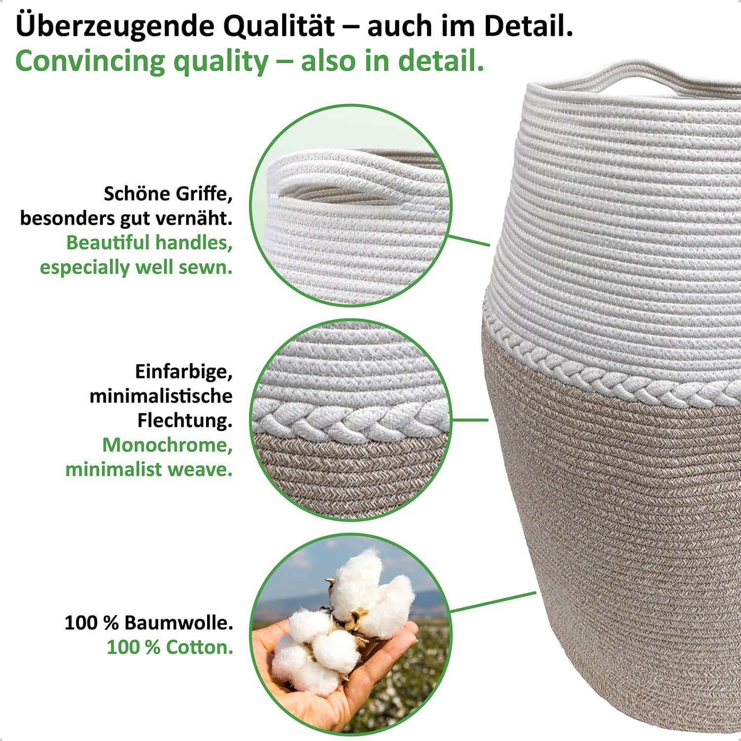 WIESEN.design WIESEN.design Jamila Wäschekorb Ø46/39xH65cm 105L - Handgeflochtener Baumwollkorb für Wäsche & Spielzeug | Inkl. Wäschesack | GRS & BSCI zertifiziert Hellbraun/ Bad & Sanitär