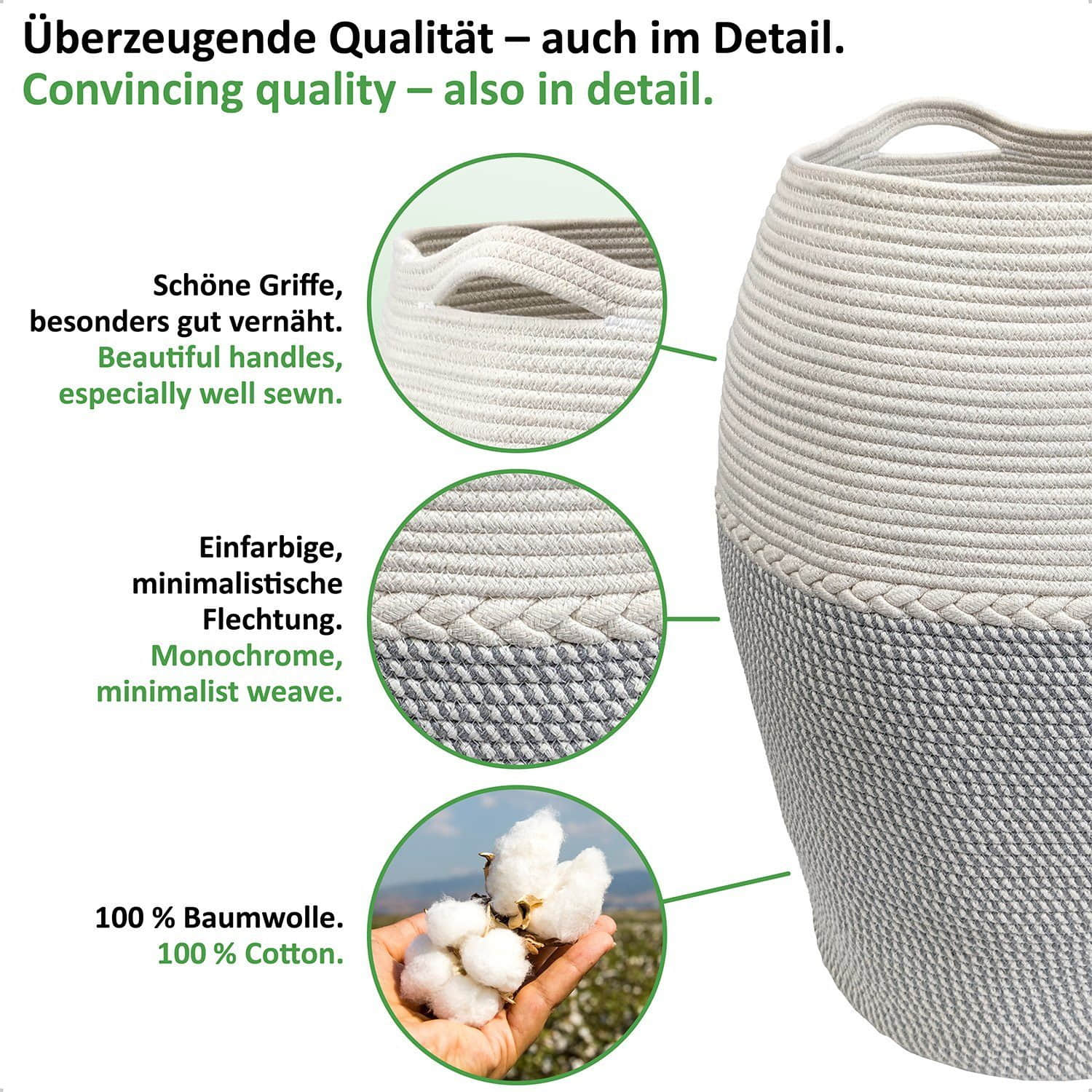 Bad & Sanitär WIESEN.design WIESEN.design Jamila Wäschekorb Ø46/39xH65cm 105L - Handgeflochtener Baumwollkorb für Wäsche & Spielzeug | Inkl. Wäschesack | GRS & BSCI zertifiziert Hellgrau/W