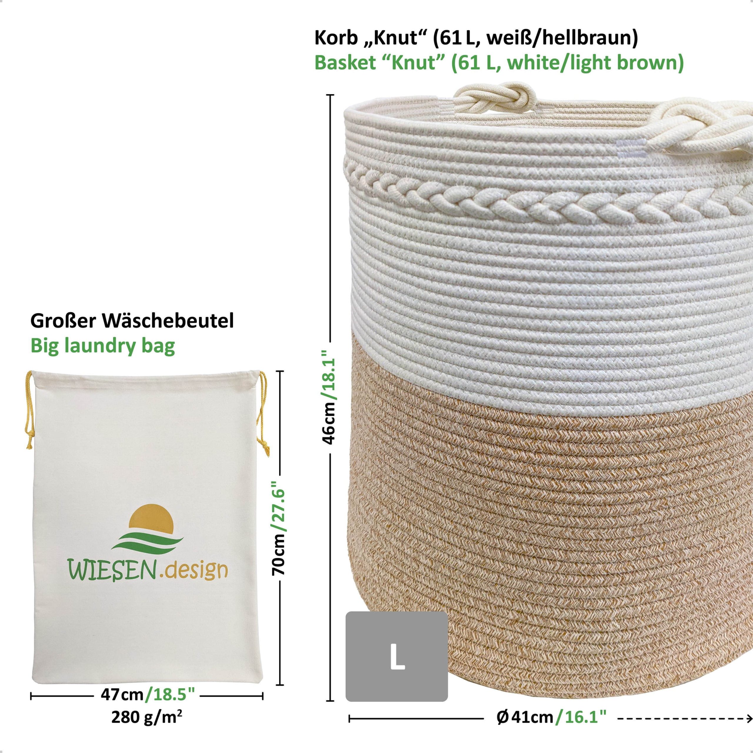 WIESEN.design Bad & Sanitär WIESEN.design KNUT Basket | 61L Woven Cotton Laundry Hamper (41x46cm) | Foldable Storage Basket | Eco-Friendly & Ethical | BSCI/GRS Certified Hellbraun/