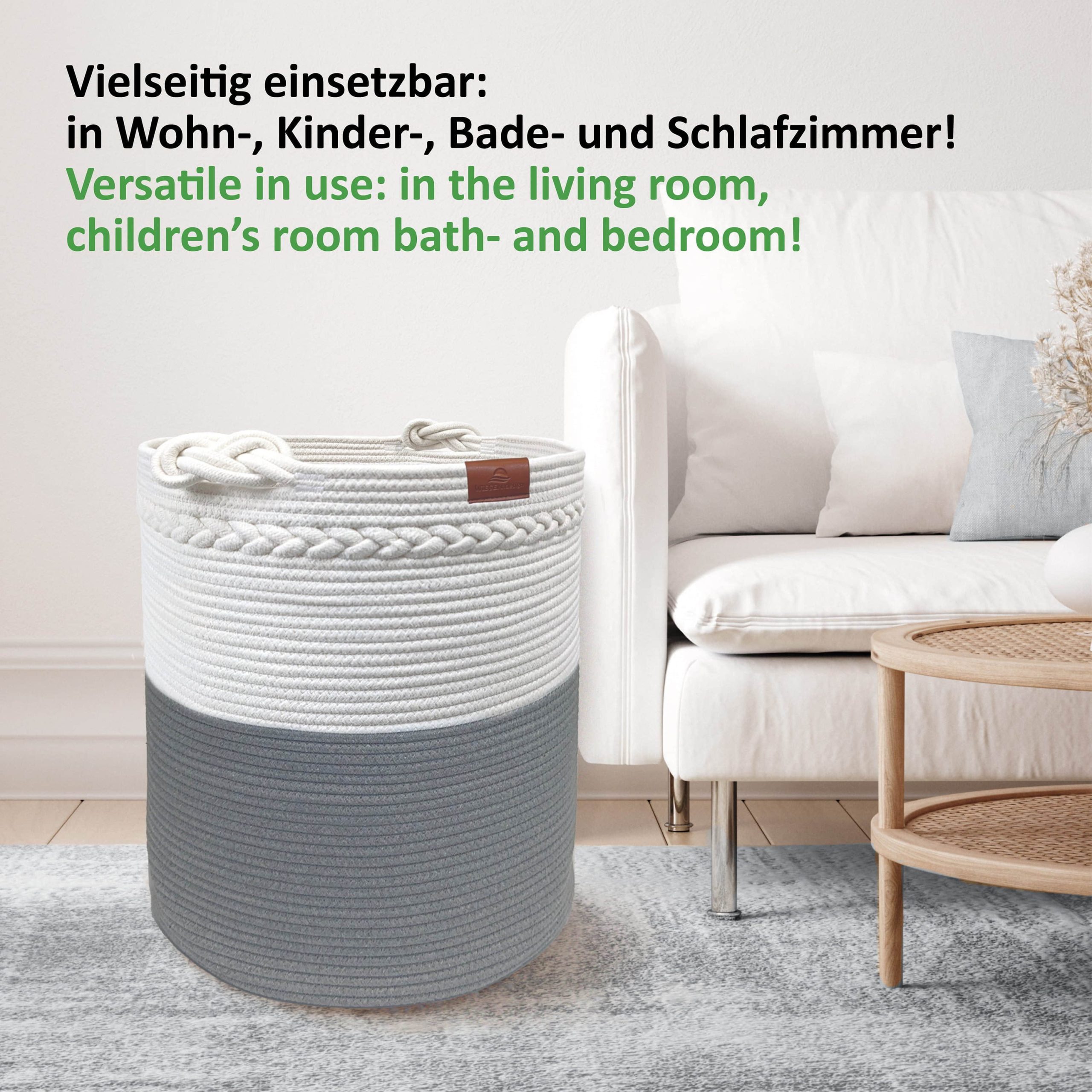 Bad & Sanitär WIESEN.design WIESEN.design KNUT Basket | 61L Woven Cotton Laundry Hamper (41x46cm) | Foldable Storage Basket | Eco-Friendly & Ethical | BSCI/GRS Certified Grau/Weiß