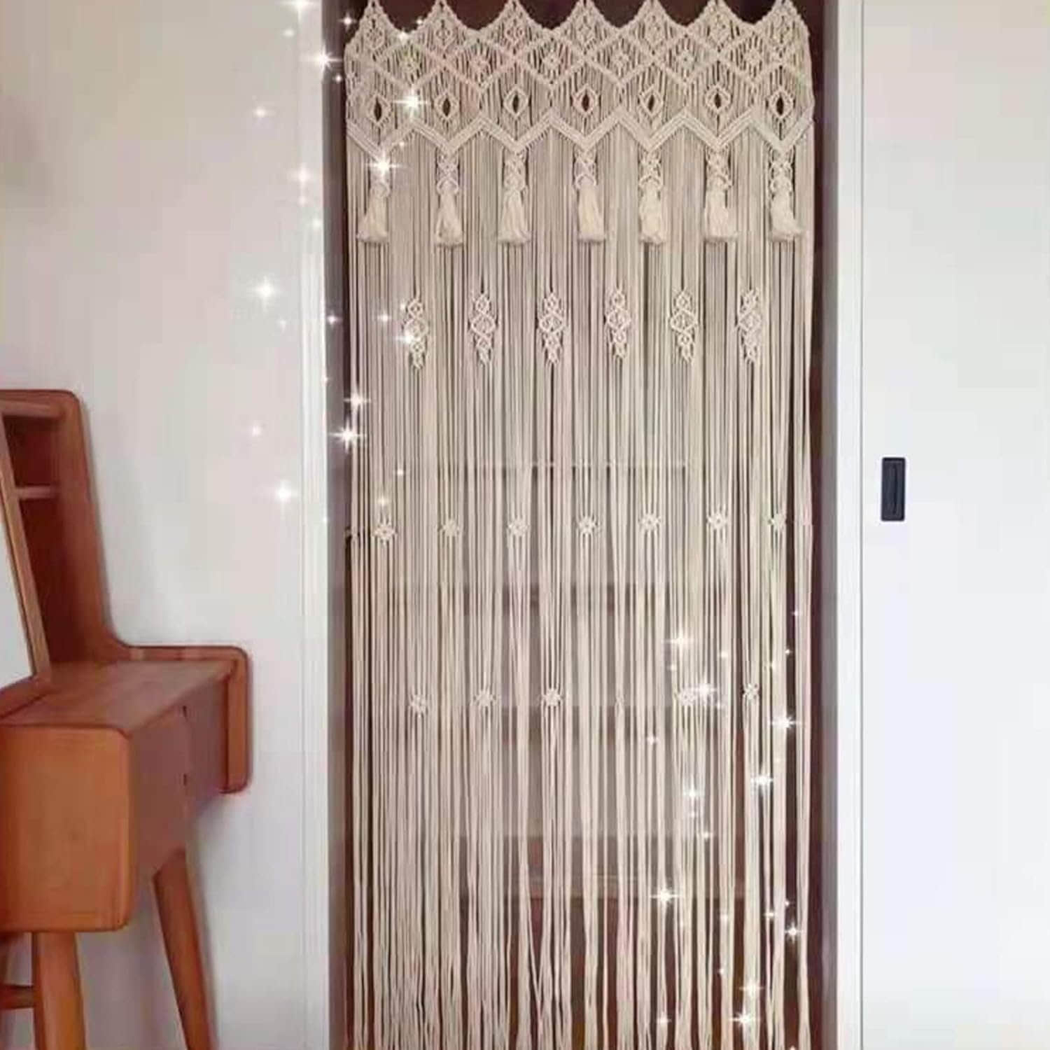 Welikera Welikera Makramee Türvorhang Handgewebt | Böhmische Baumwoll-Wanddekoration mit Holzstab | Raumteiler 150x200cm | Naturtöne Beige/Creme Schlafzimmer