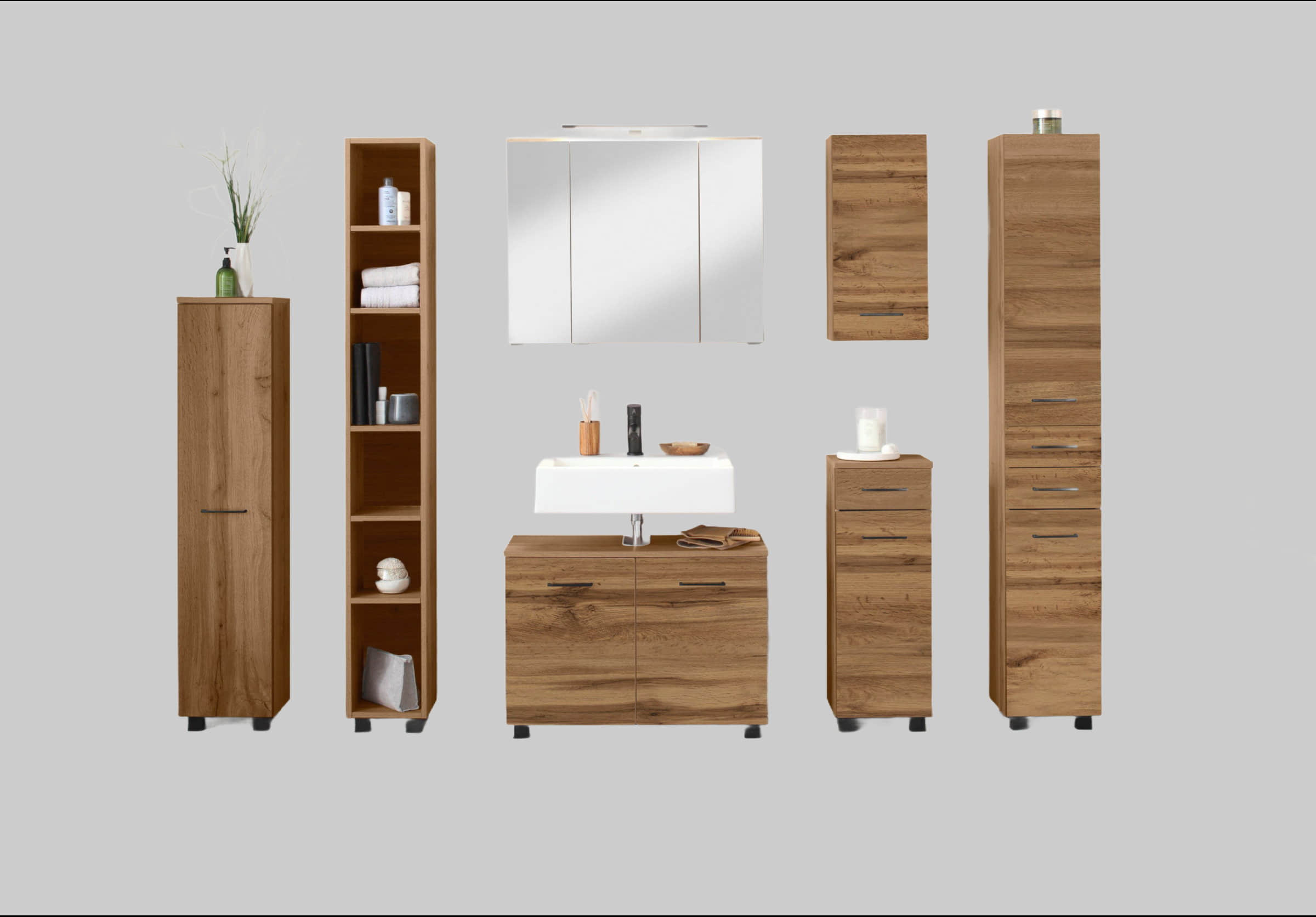 welltime Schränke Welltime Hochschrank Trento | 30cm schmaler Bad-Seitenschrank mit Stauraum | MDF-Fronten & Edelstahlgriffe | Verschiedene Farben | Made in Germany wotaneiche