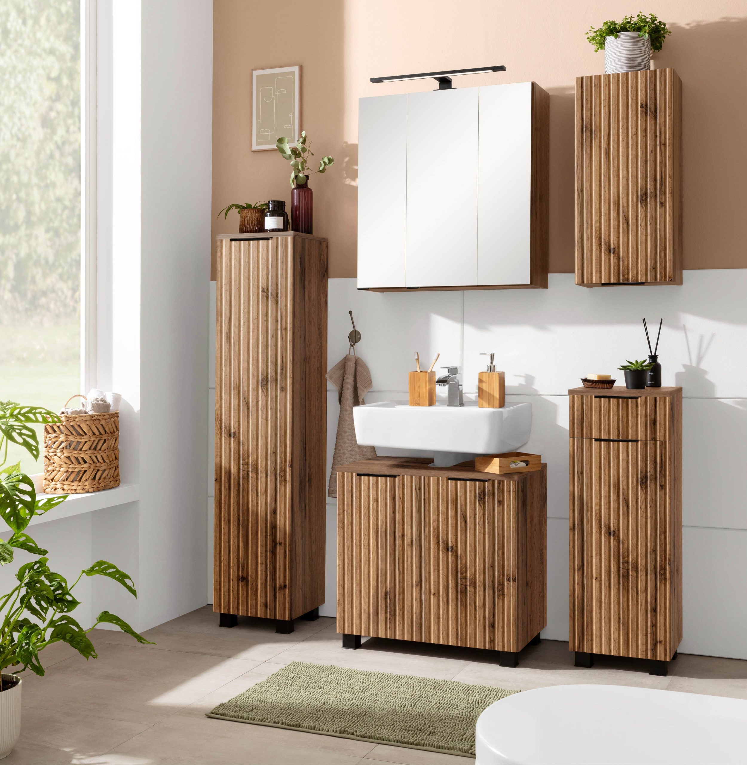 Welltime Midischrank Trento | Badmöbel 30 cm Breite | 1 Tür | Made in Germany | Grau MDF wotane Schränke welltime