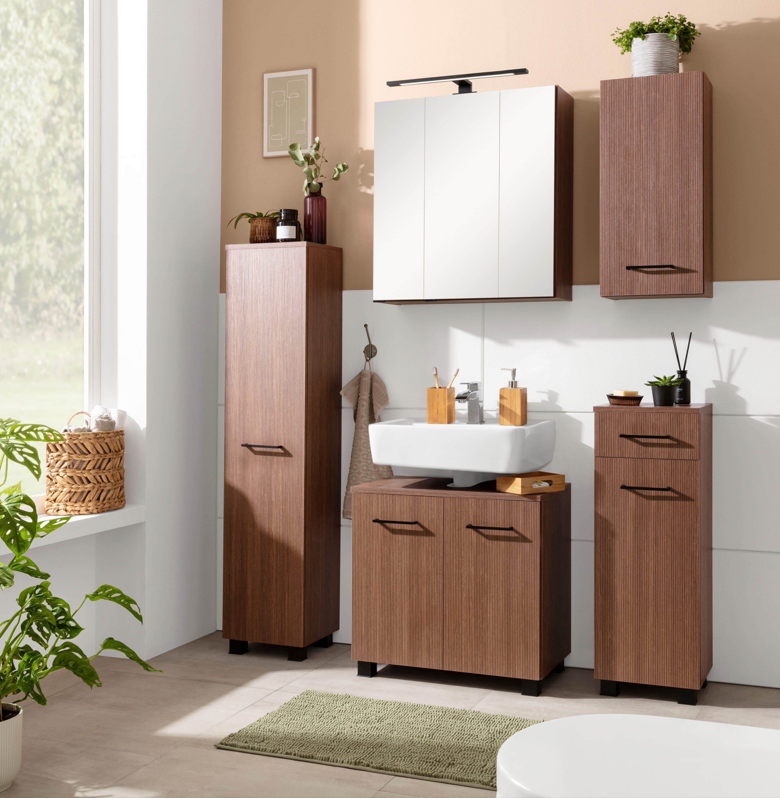 welltime Welltime Spiegelschrank Trento 60 cm - Moderner Badezimmerschrank mit 3D-Spiegeltüren, LED-Beleuchtung & verstellbaren Glasböden in Braun cannello e Schränke