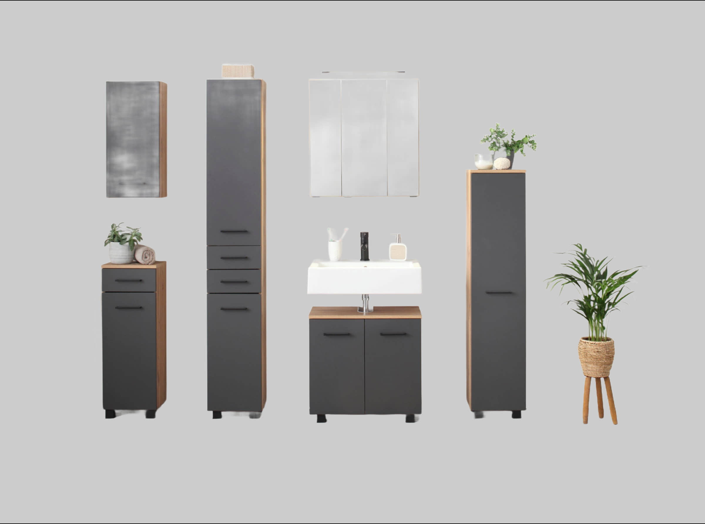 Welltime Spiegelschrank Trento 60 cm - Moderner Badezimmerschrank mit 3D-Spiegeltüren, LED-Beleuchtung & verstellbaren Glasböden in Braun grafit Schränke welltime