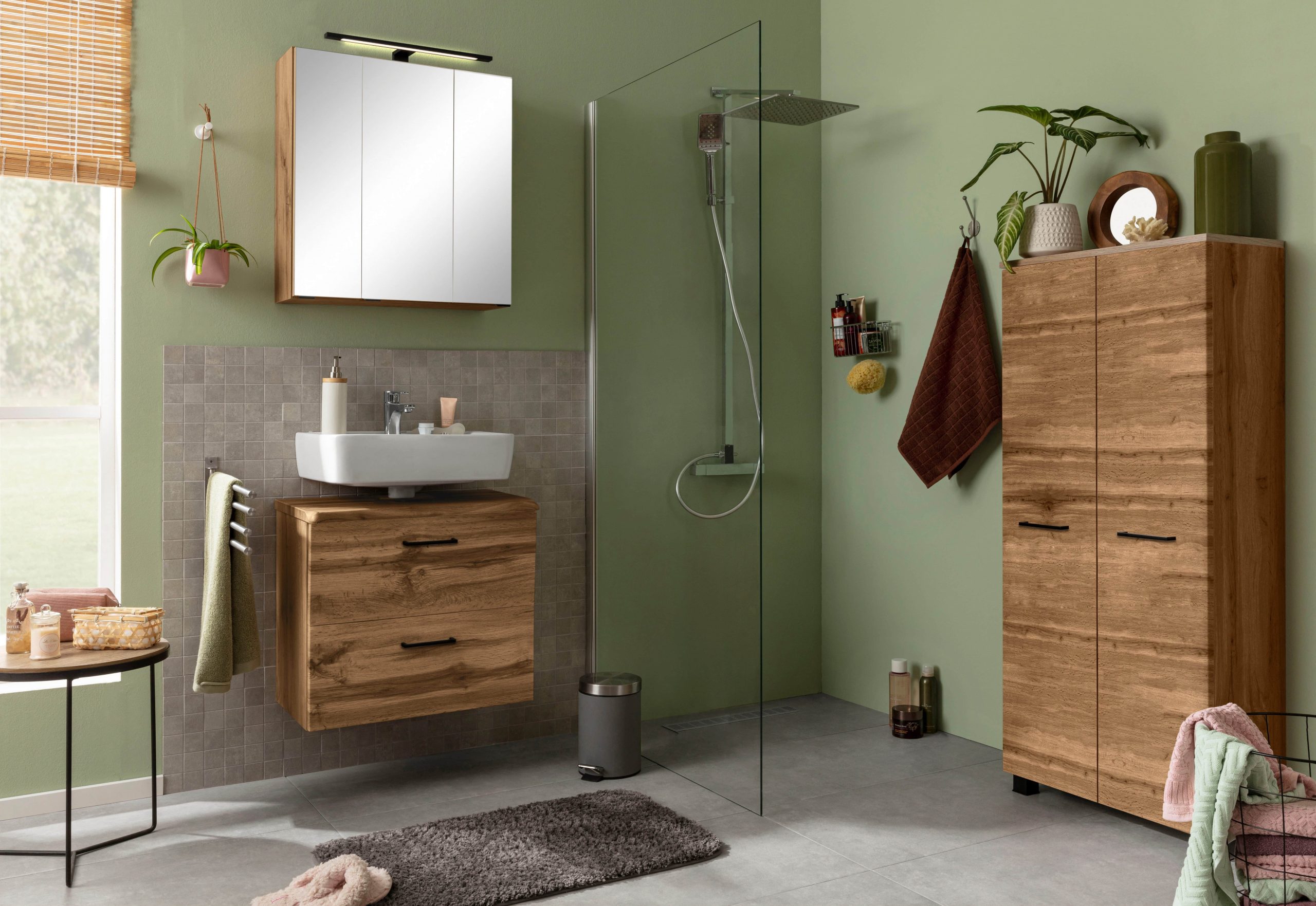 Welltime Spiegelschrank Trento 60 cm - Moderner Badezimmerschrank mit 3D-Spiegeltüren, LED-Beleuchtung & verstellbaren Glasböden in Braun wotaneiche welltime Schränke