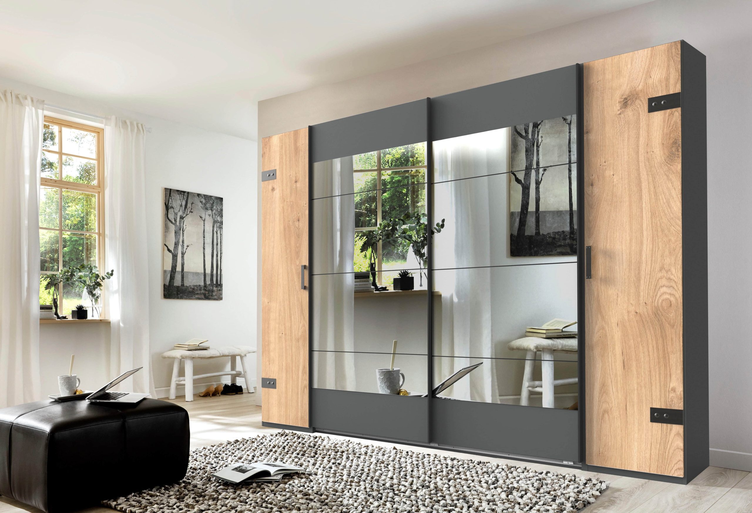Wimex Schränke Wimex Schwebetürenschrank 'Stockholm' | Industrial-Look Kleiderschrank mit Spiegel & Schwebetüren | Bestseller Garderobenschrank plankeneic