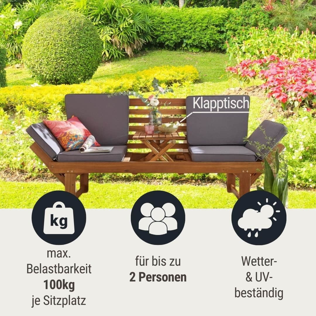 Wohnando Wohnando Premium Gartenbank mit Tisch aus Akazienholz | 137 cm Sitzlänge | Klappbarer Mittelteil | Inkl. Outdoor-Kissen | Für Terrasse & Balkon Sitzbänke