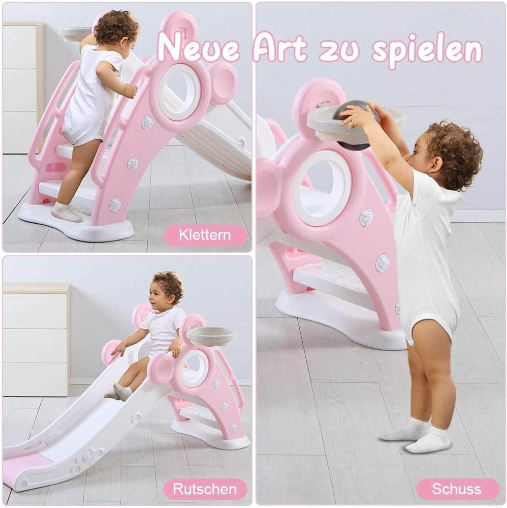 YOLEO YOLEO Foldable Kids Slide with Basketball Hoop - Safe Toddler Slide for Indoor/Outdoor Play Ages 1-3 Years Rosa Garten & Balkon