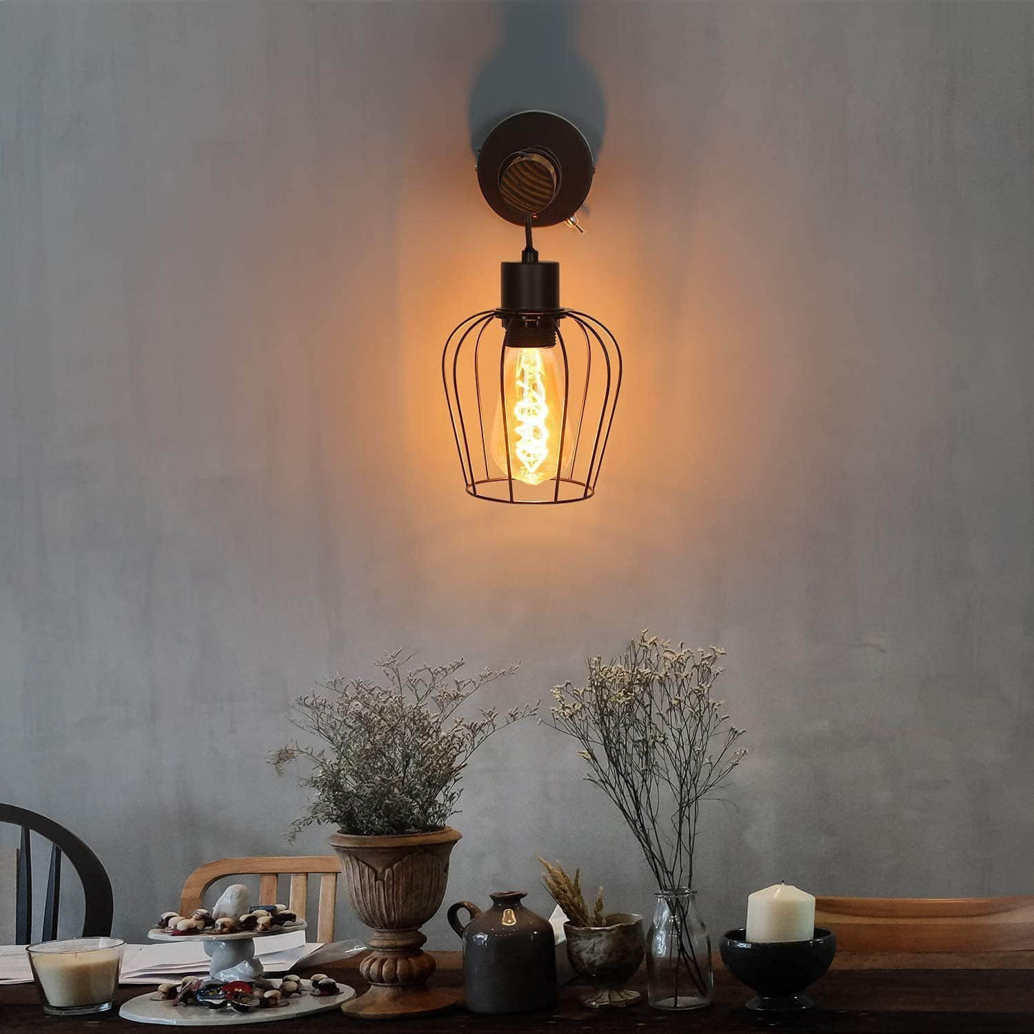 ZMH Retro Industrial Wall Lamp - Black Metal & Wood Vintage Cage Light with E27 Socket & Switch - Rustic Bedroom Lighting - LED/CFL/Incandescent Compatible - 30cm Extension ZMH Lampen