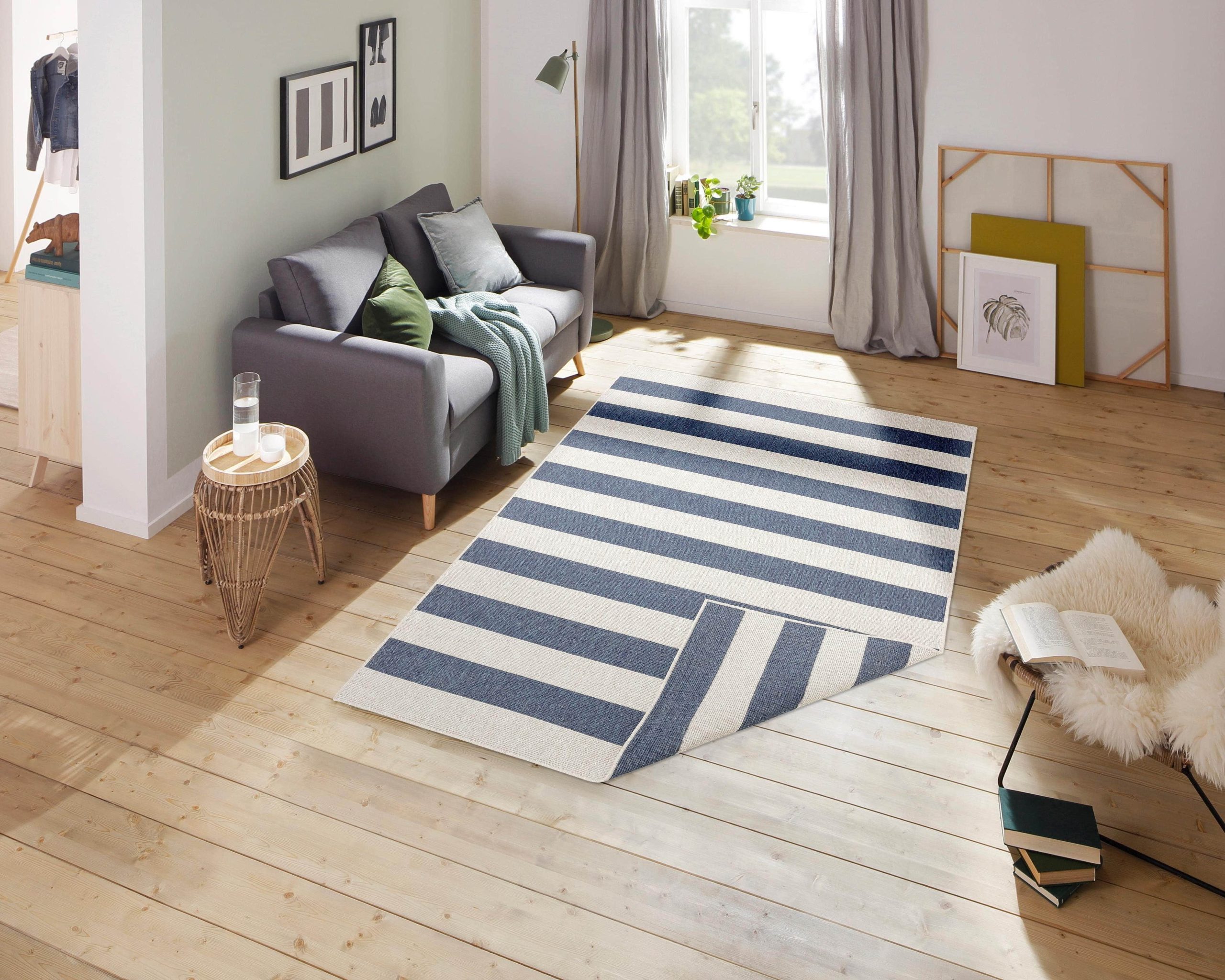 andas Teppiche andas 'Alan' Reversible Scandi Rug - Weatherproof Indoor/Outdoor Striped Design (5mm Thick, Double-Sided) | Boho-Chic Home Decor blau