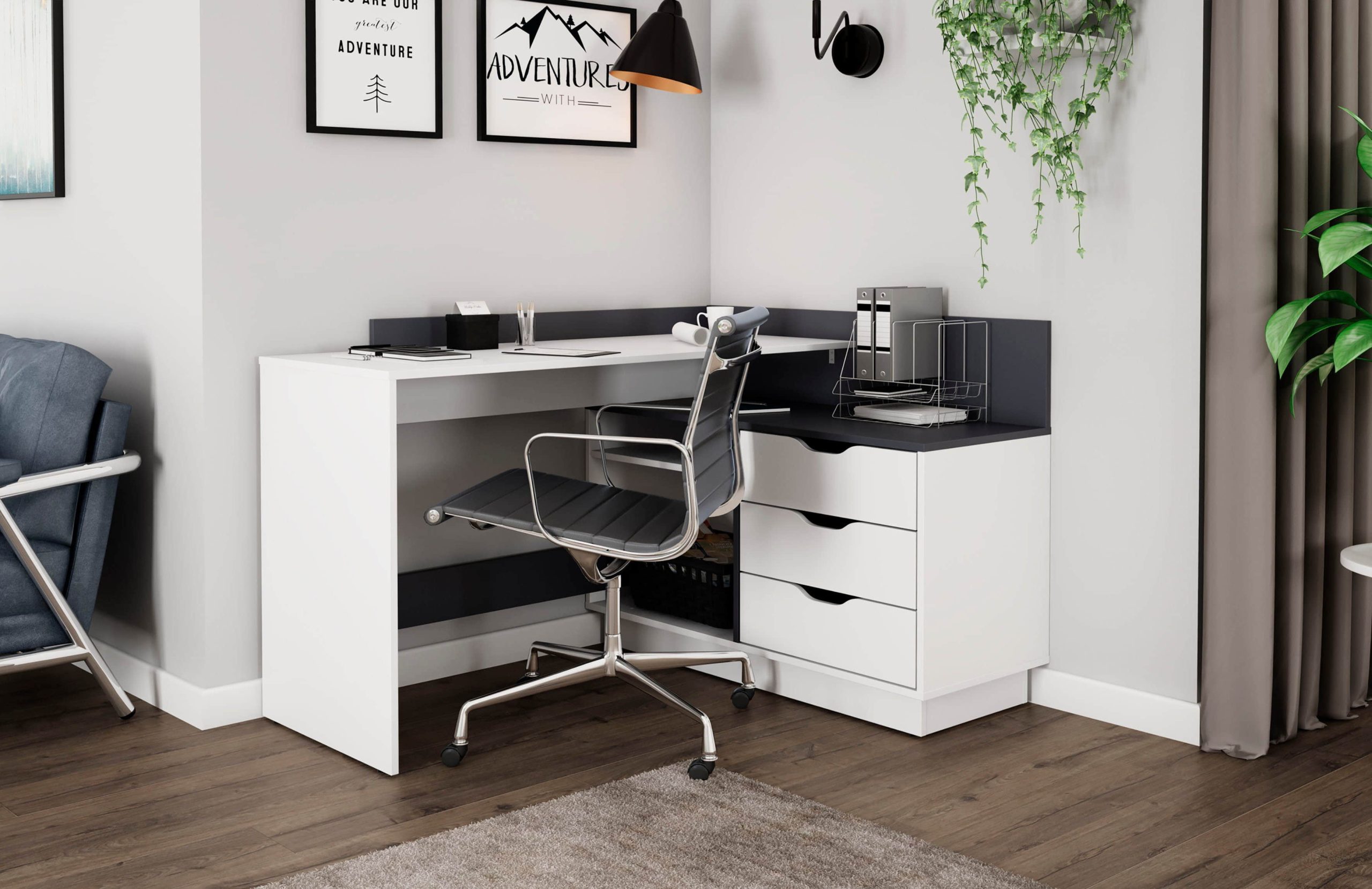 byLIVING Eckschreibtisch »Bern« - Moderner L-Schreibtisch mit 3 Schubladen, 129 cm Breite, rechts/links montierbar, FSC®-zertifiziert Weiß/Anthr byLIVING Tische