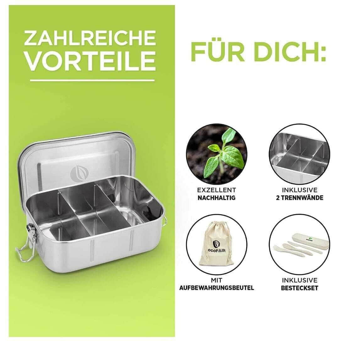 ecoFAIR Koch- & Backzubehör ecoFAIR Edelstahl Brotdose 800ml - 3-Fach Lunchbox mit Weizen-Besteck & Baumwollbeutel | BPA-frei, mikrowellengeeignet & auslaufsicher