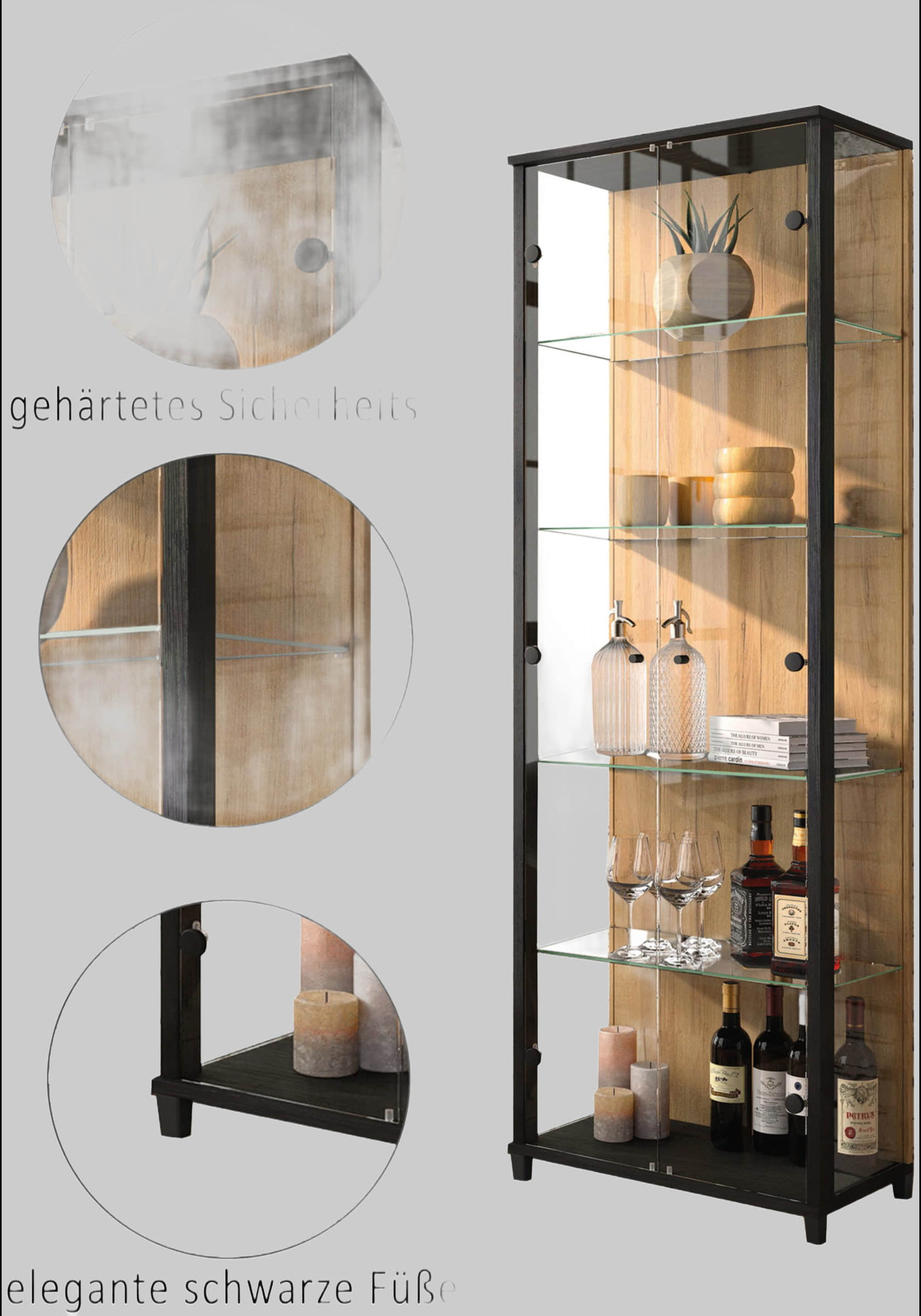 fif mu00F6bel fif möbel OPTIMA Premium Glass Display Cabinet - Adjustable Shelves Collector's Vitrine for Living Room & Study schwarz/ w Schränke