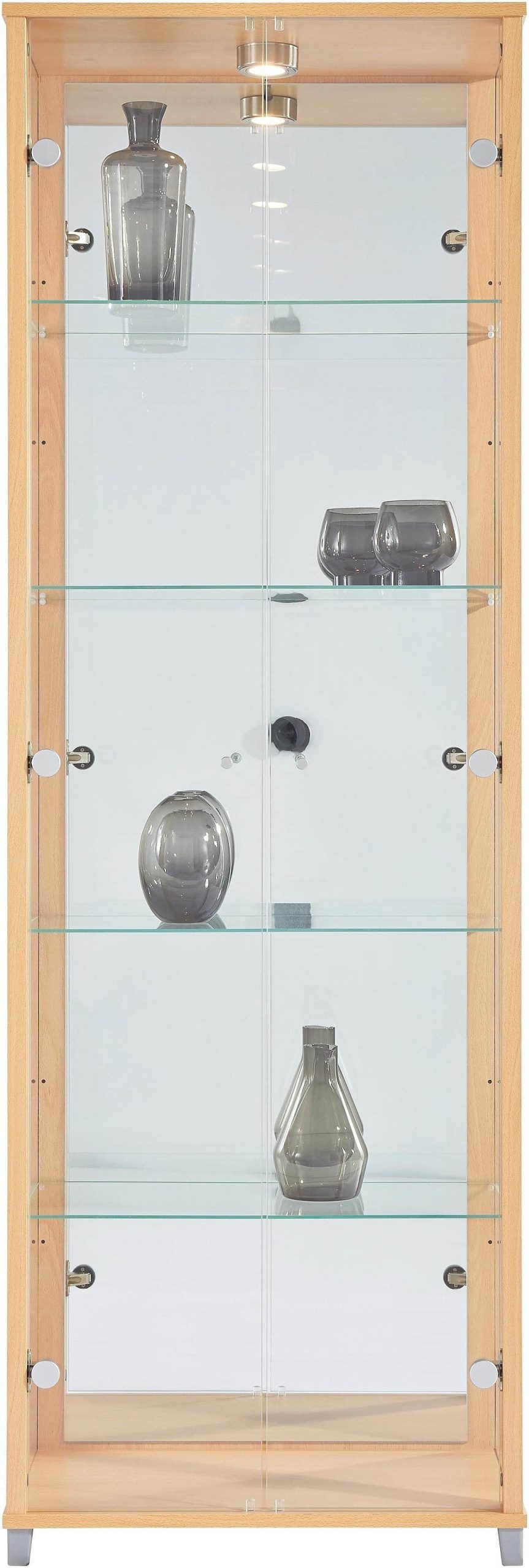 fif möbel Vitrine »OPTIMA« - Moderne Standvitrine mit LED-Beleuchtung, 2 Glastüren & verspiegelter Rückwand | 58x172x33 cm | Sammlervitrine buchefarben Schränke fif mu00F6bel