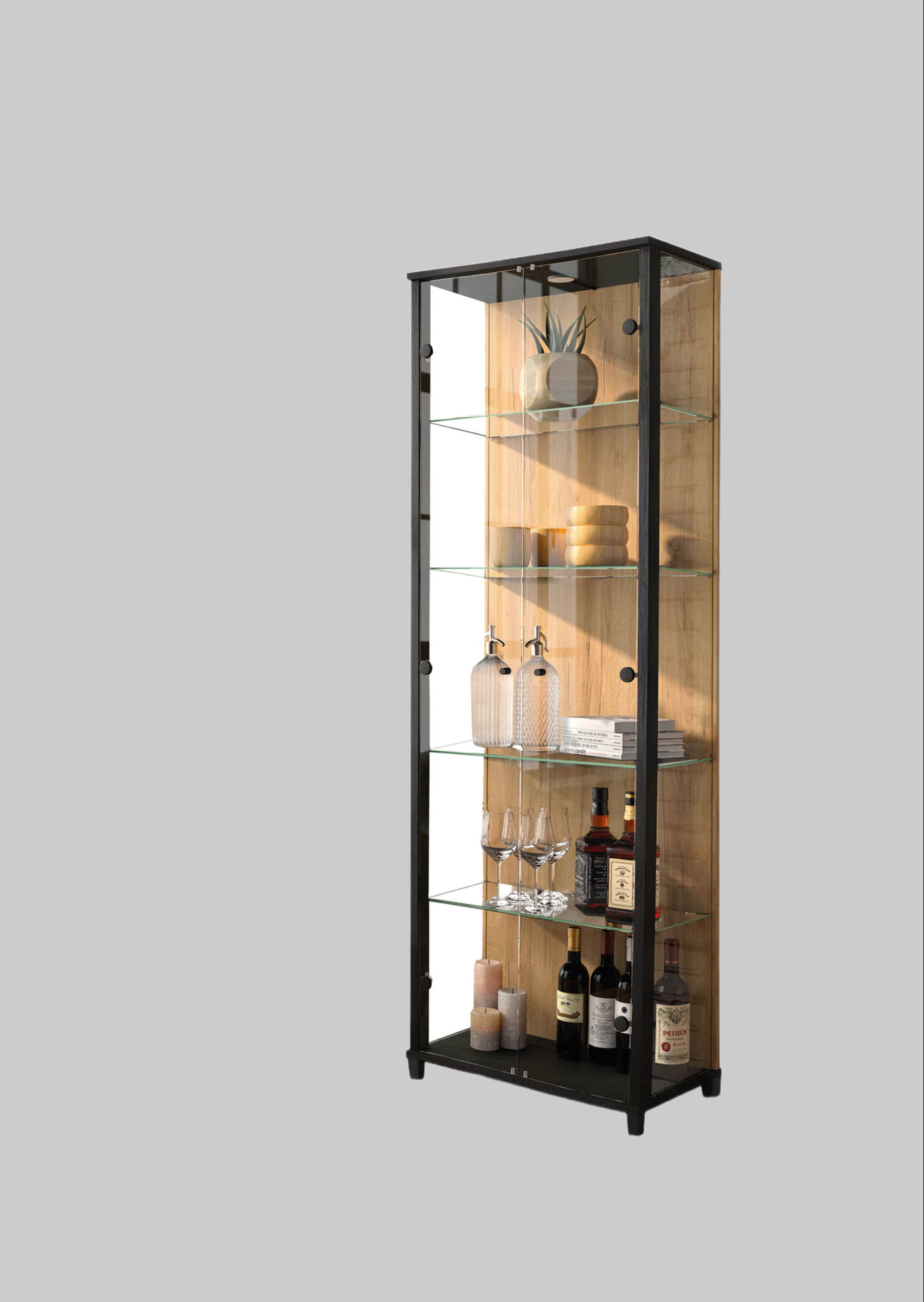 fif möbel Vitrine »OPTIMA« - Moderne Standvitrine mit LED-Beleuchtung, 2 Glastüren & verspiegelter Rückwand | 58x172x33 cm | Sammlervitrine schwarz/ w Schränke fif mu00F6bel