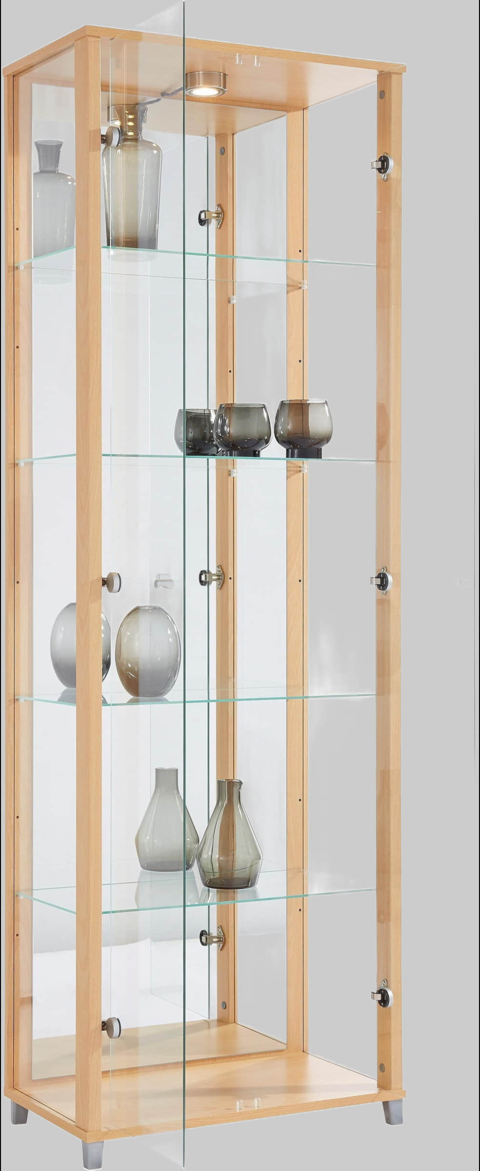 fif möbel Vitrine »OPTIMA« - Moderne Standvitrine mit LED-Beleuchtung, 2 Glastüren & verspiegelter Rückwand | 58x172x33 cm | Sammlervitrine buchefarben Schränke fif mu00F6bel