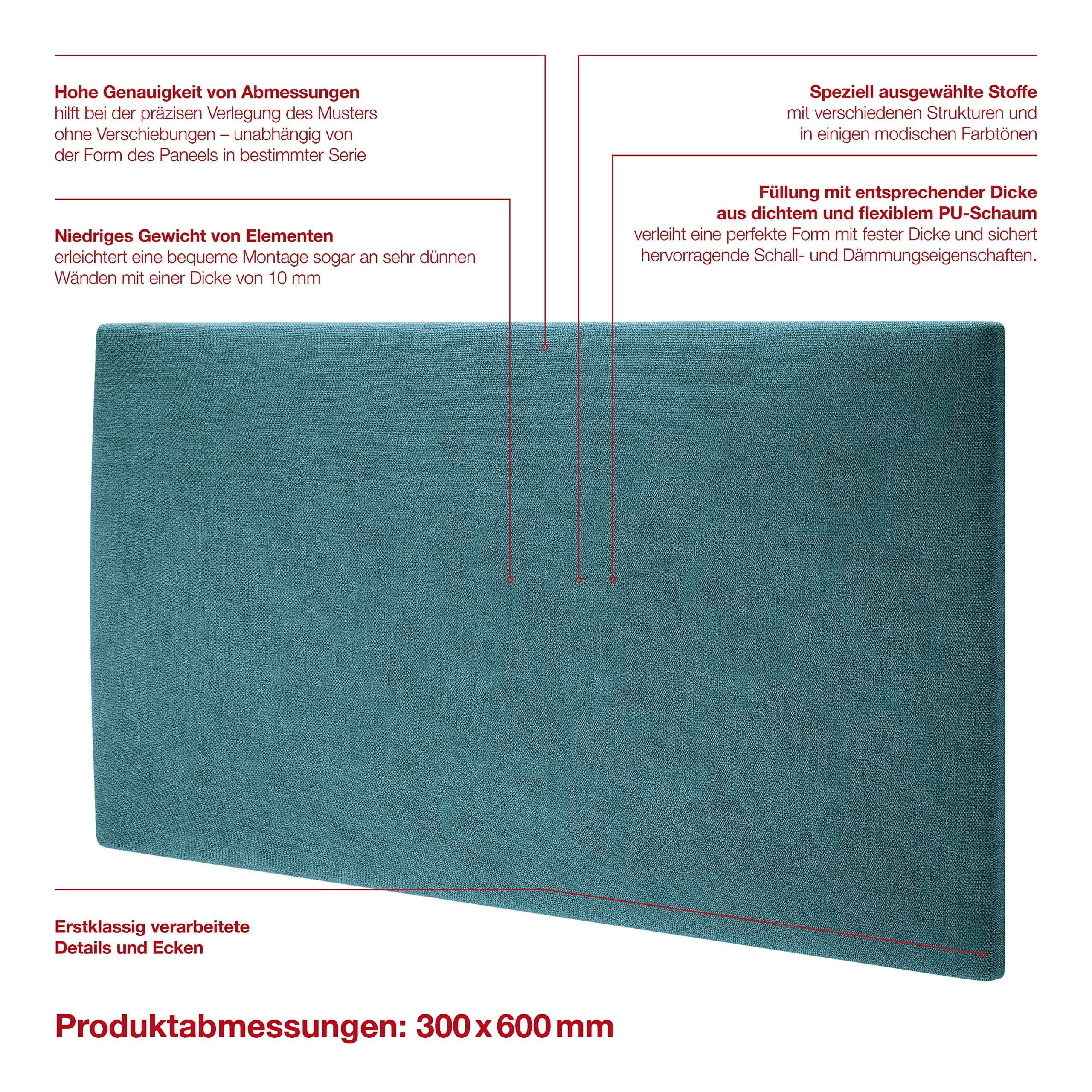 mollis Premium Wandpaneel Rechteckig 30x60 cm – Akustik Wandpolster, Bettkopfteil & Raumteiler in 8 Farben | FSC® C114919 zertifiziert Türkis mollis Bauen & Renovieren