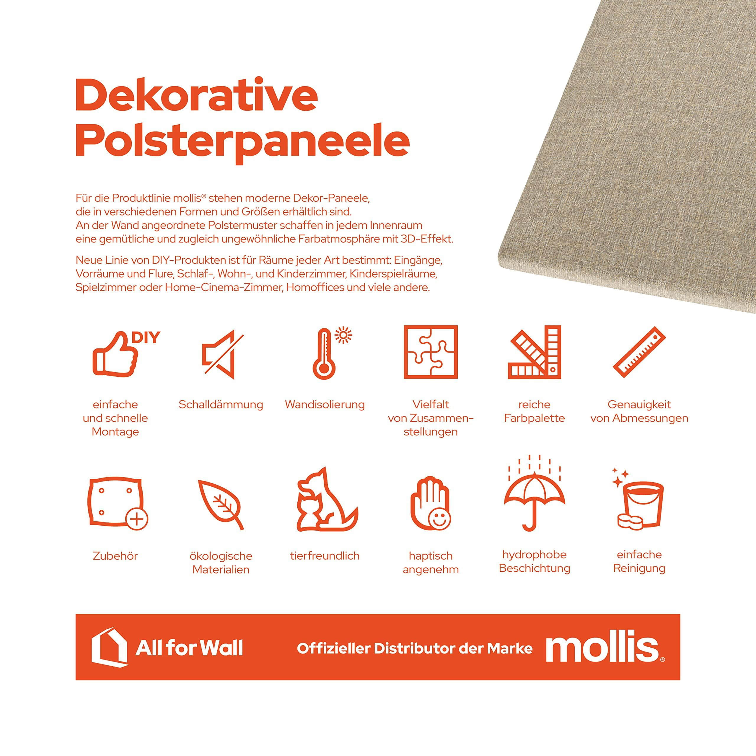 mollis Premium Wandpaneel Rechteckig 30x60 cm – Akustik Wandpolster, Bettkopfteil & Raumteiler in 8 Farben | FSC® C114919 zertifiziert Beige mollis Bauen & Renovieren