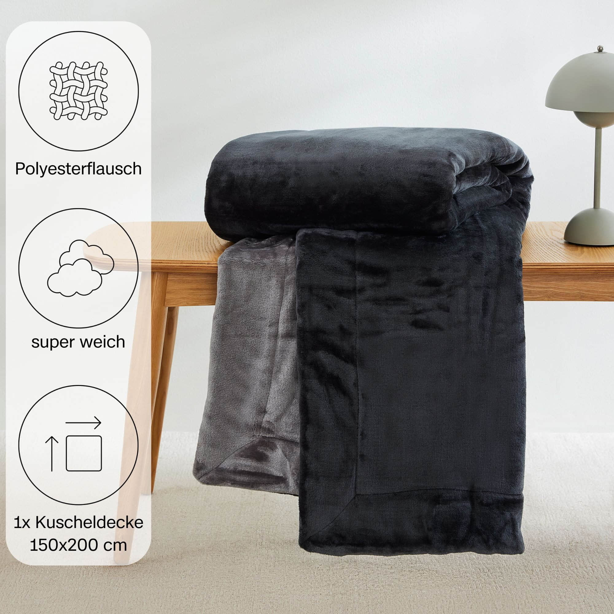 s.Oliver Wohndecken s.Oliver Doublesoft Premium-Kuscheldecke 150x200 cm | OEKO-TEX® 100 | Mit 2 Gratis-Kissenhüllen | Maschinenwaschbar | Aus recyceltem Garn dunkelgrau