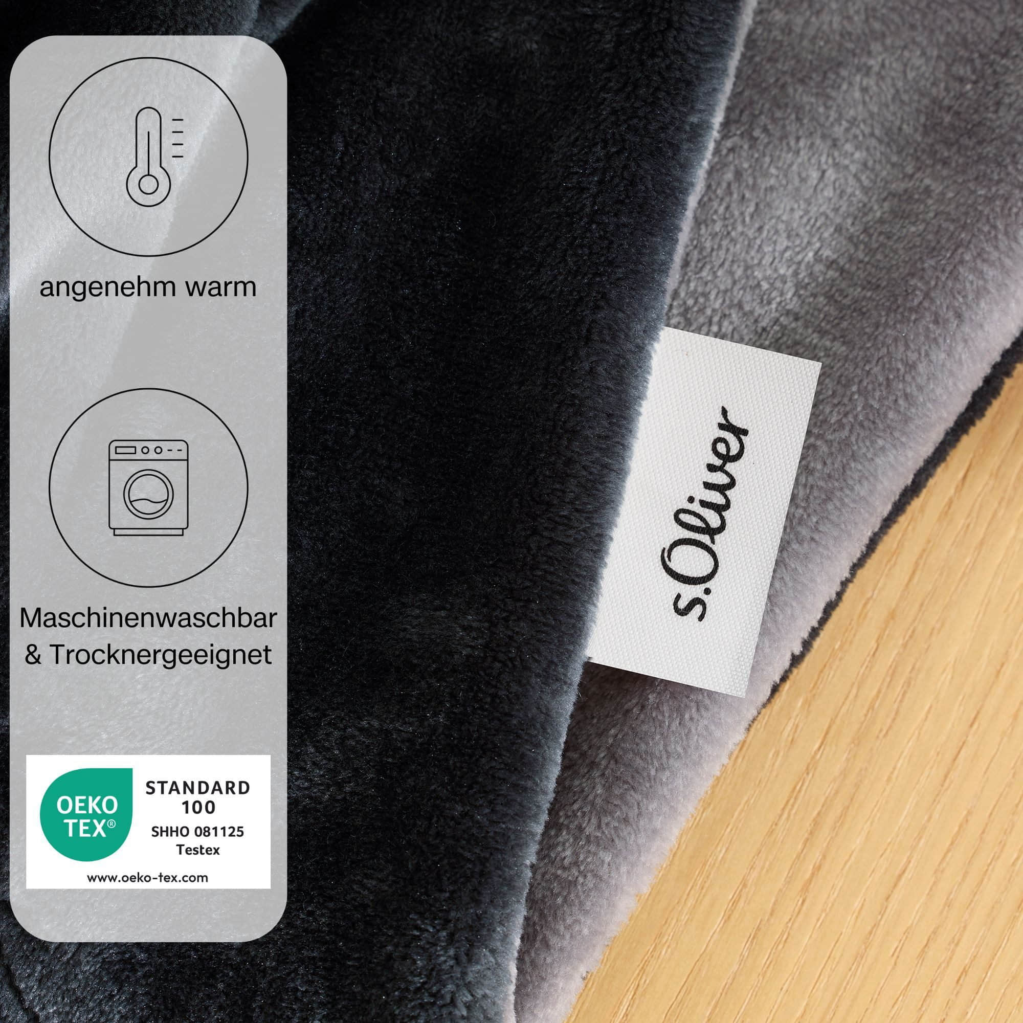 s.Oliver Wohndecken s.Oliver Doublesoft Premium-Kuscheldecke 150x200 cm | OEKO-TEX® 100 | Mit 2 Gratis-Kissenhüllen | Maschinenwaschbar | Aus recyceltem Garn dunkelgrau