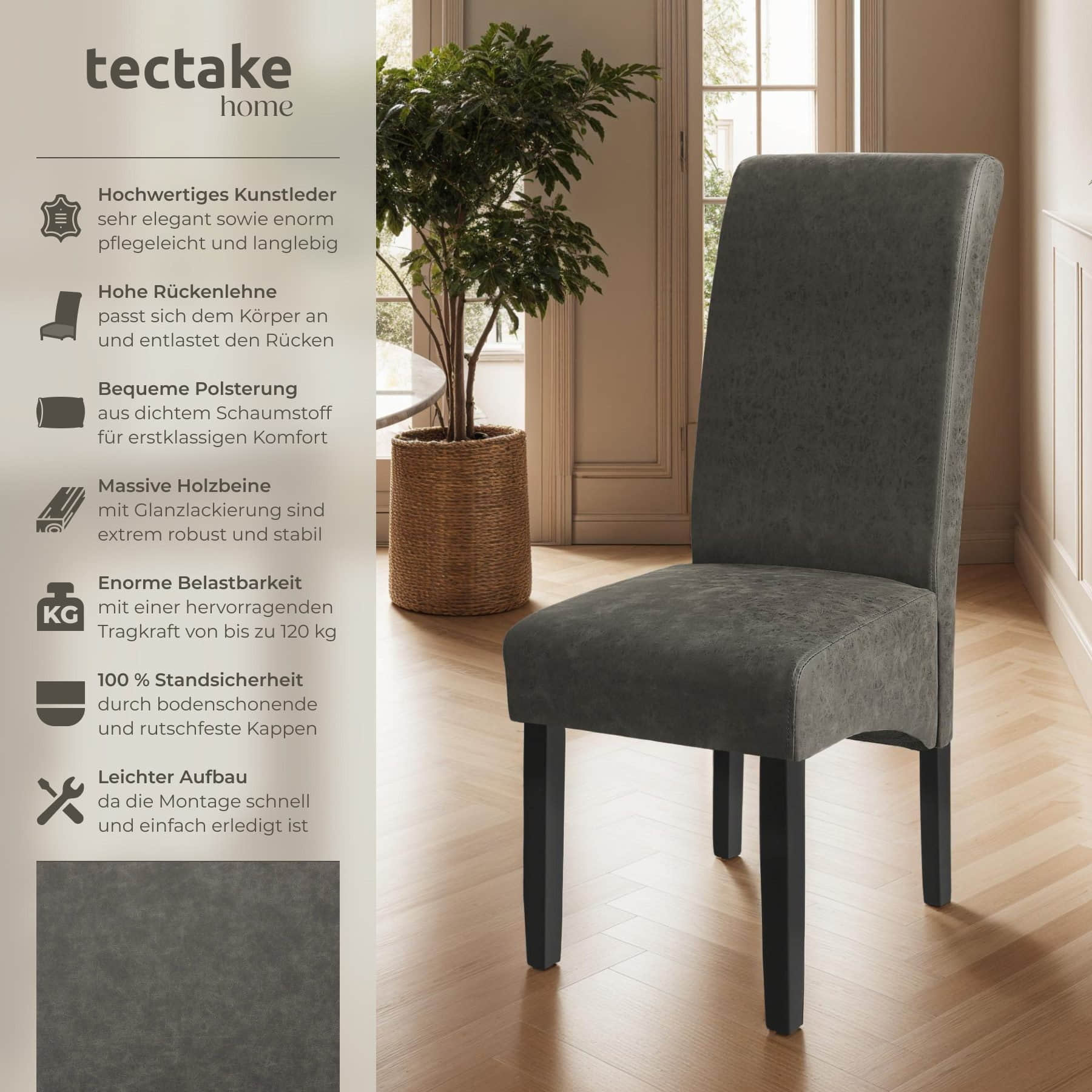 tectake Esszimmerstuhl (1er Set) - Luxus Kunstleder Sessel mit hoher Rückenlehne 106 cm, antikbraun - Bequemer Esszimmerstuhl für Küche & Wohnzimmer grau marmo Stühle tectake