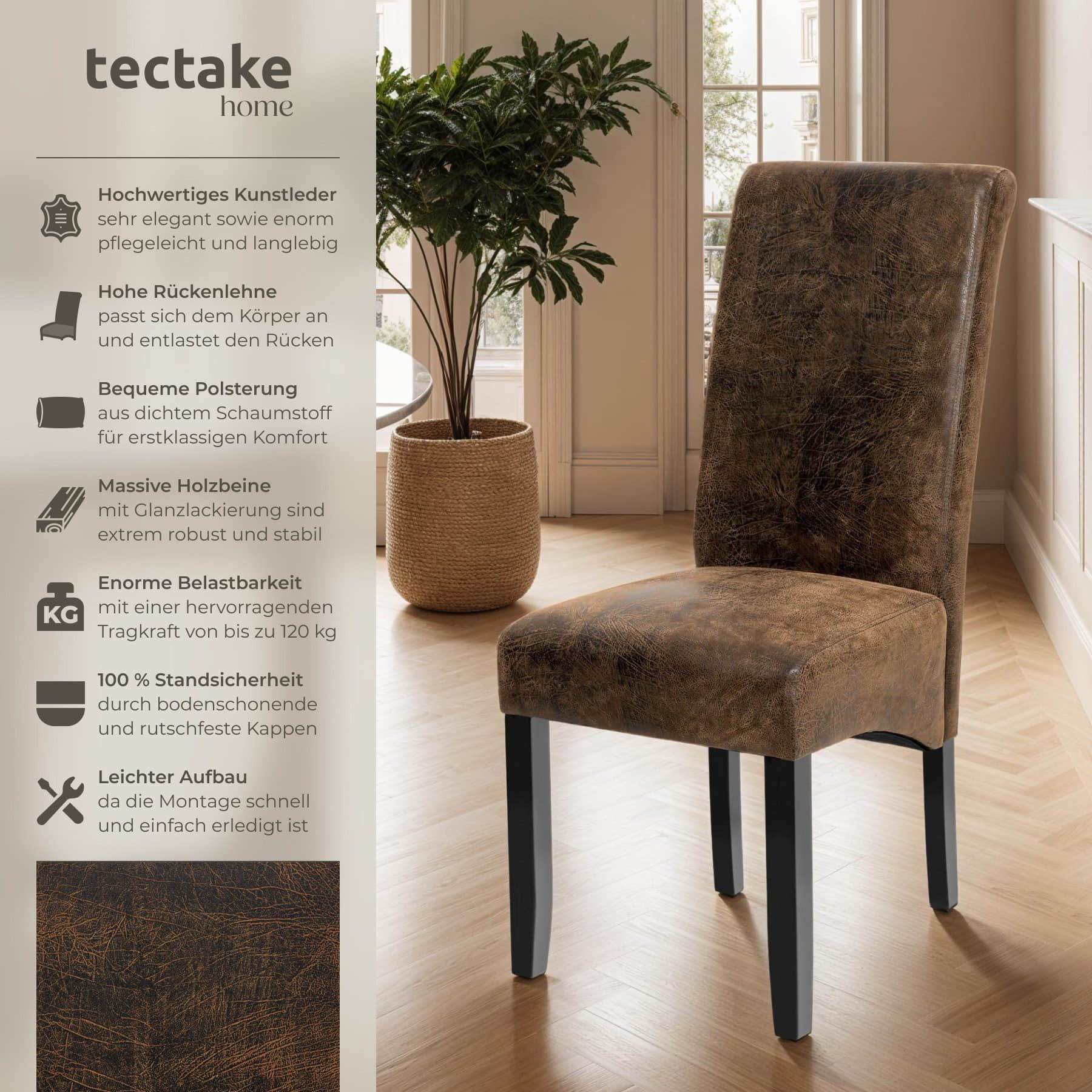 tectake Esszimmerstuhl (1er Set) - Luxus Kunstleder Sessel mit hoher Rückenlehne 106 cm, antikbraun - Bequemer Esszimmerstuhl für Küche & Wohnzimmer antikbraun Stühle tectake