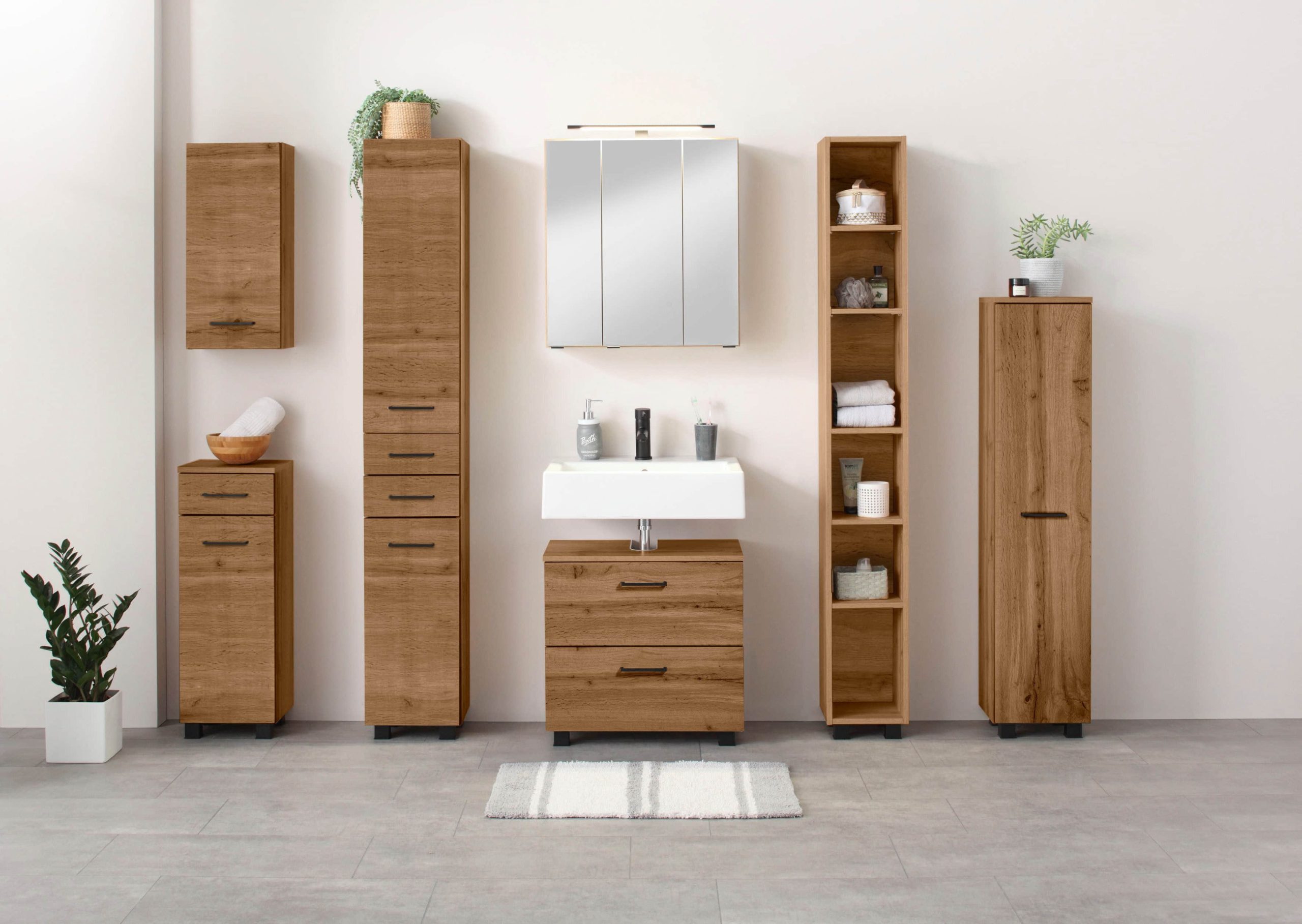 welltime Schränke welltime Waschbeckenunterschrank Trento | 60 cm Breite | Moderne Badmöbel in verschiedenen Farben | Hochwertige Beckenunterschrank auf Füßen | Made in Germany wotaneiche