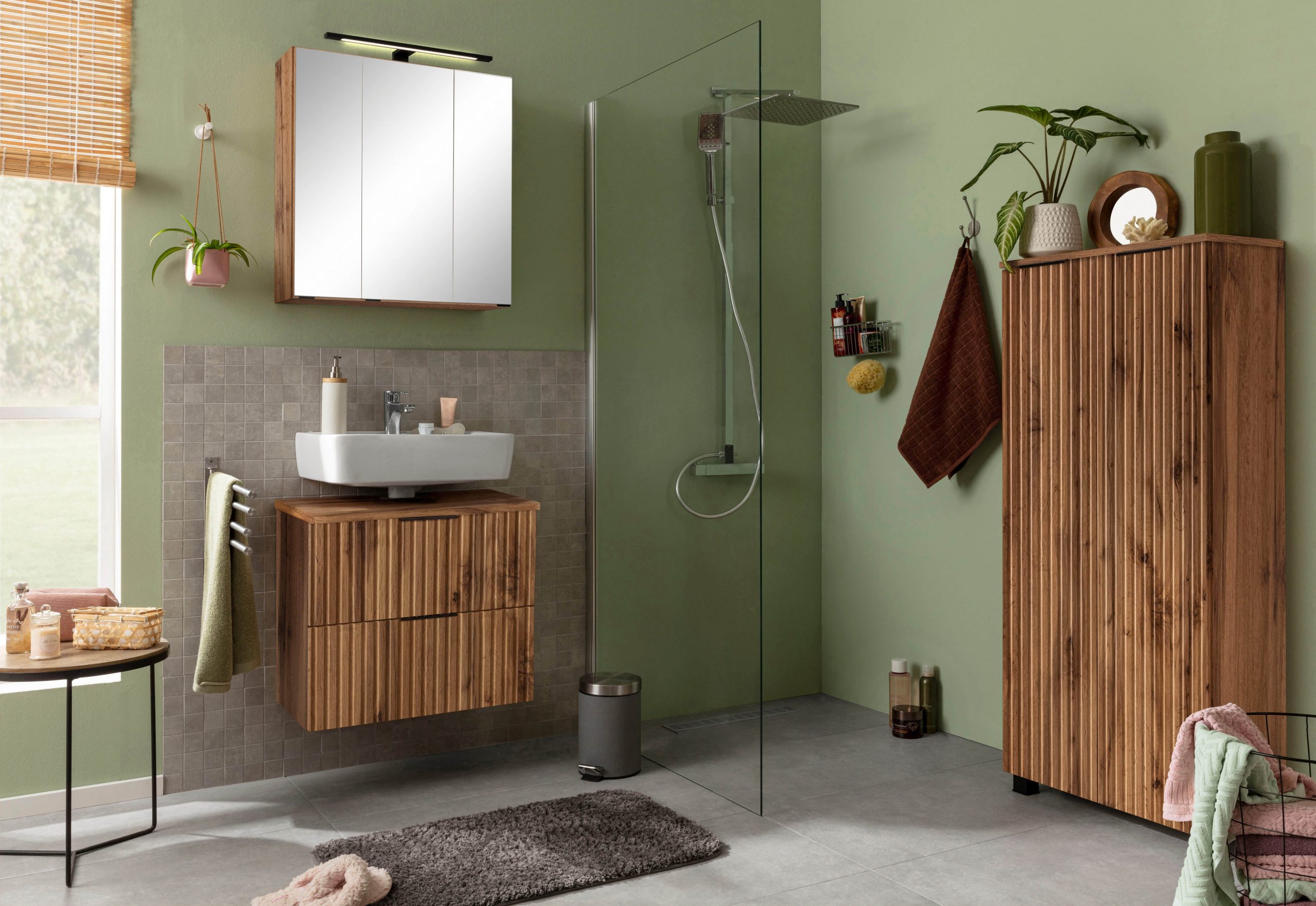 welltime Waschbeckenunterschrank Trento | 60 cm Breite | Moderne Badmöbel in verschiedenen Farben | Hochwertige Beckenunterschrank auf Füßen | Made in Germany wotaneiche welltime Schränke